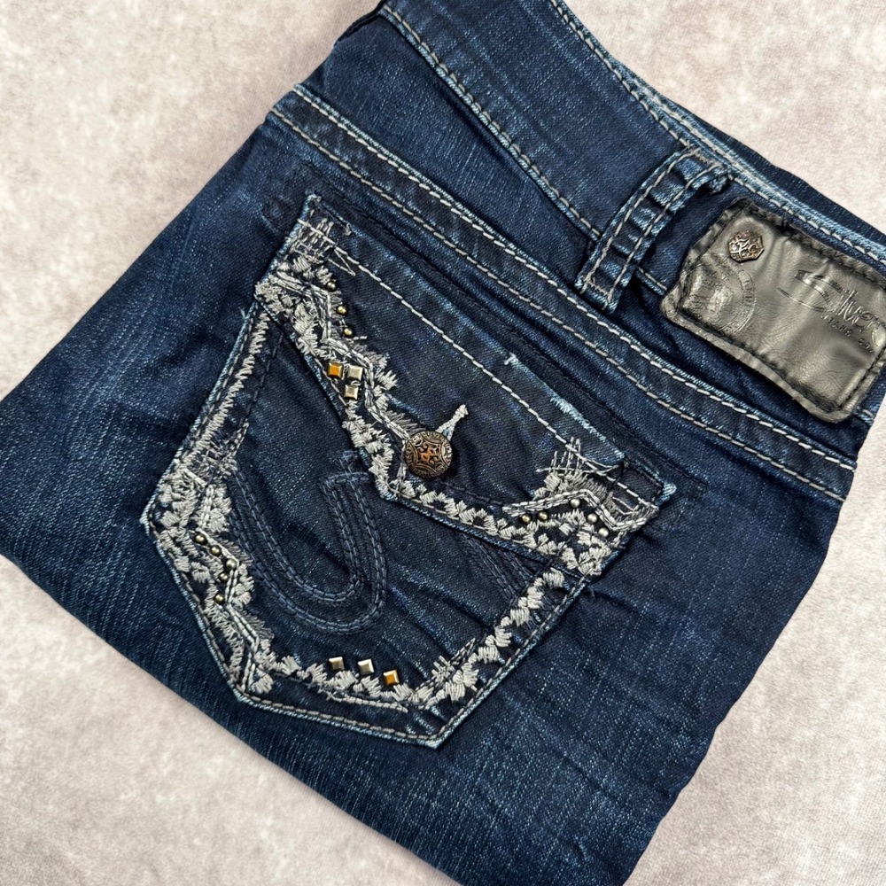 Silver Jeans Co Suki Mid Slim Bootcut Dark Wash Embroidered Studded W32 L33